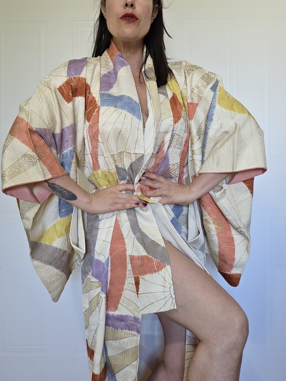 Vintage Japanese Silk Kimono | Hand-Painted Fan Motif | Pastel & Gold | One Size